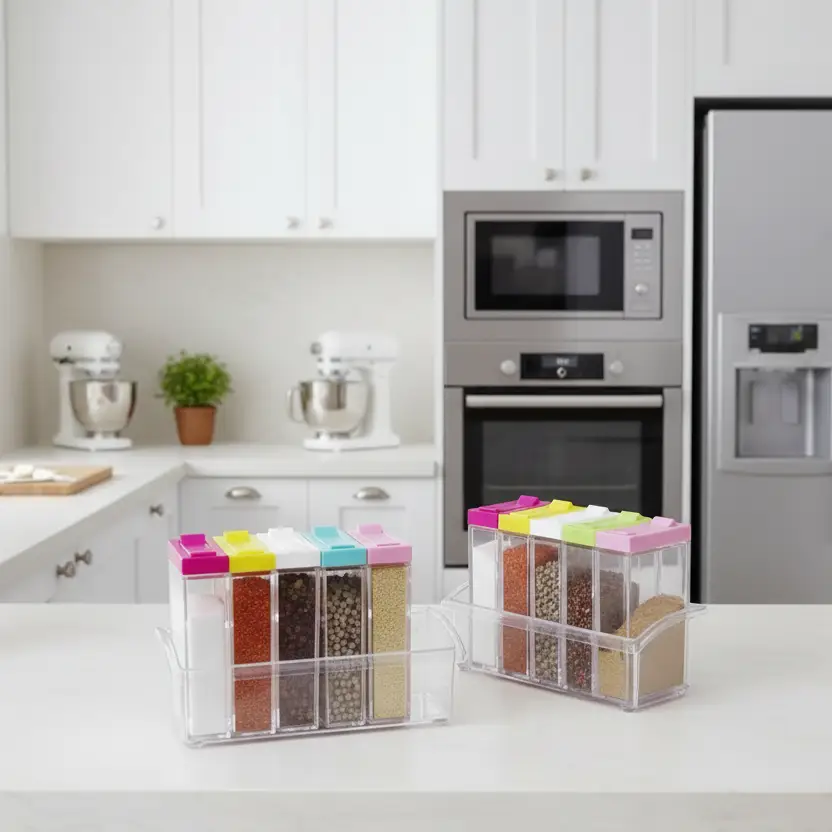 Spice Jar Set - 6pcs Transparent Square Condiment Containers with Tray Coloured Lids Kitchen & Dining Spice Organizers