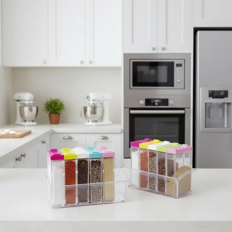 Spice Jar Set - 6pcs Transparent Square Condiment Containers with Tray Coloured Lids Kitchen & Dining Spice Organizers