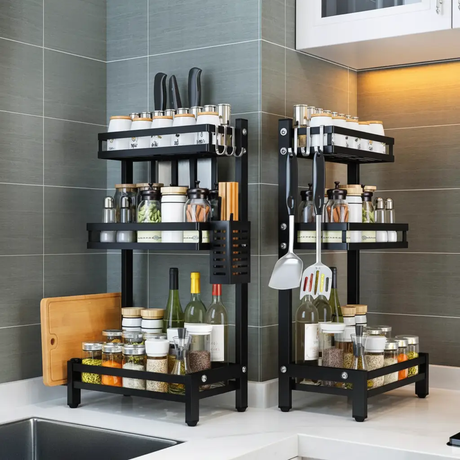 3-Tier Matte Black Steel Spice Rack Knife Block Chopstick Holder Utensil Hooks Freestanding Kitchen & Dining Kitchen Organizers