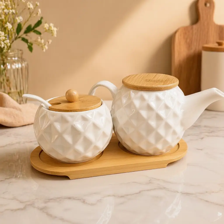Tea Set - 3-Piece Diamond Textured Ceramic Teapot 500ml Sugar Bowl 300ml with Bamboo Lids and Tray White Kitchen & Dining Tea Sets