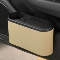 Car Trash Bin - 2-in-1 Door Hanging Organiser with Cup Holder and Push Lid Beige Black Automotive Vehicle Organizers