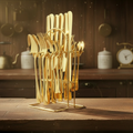 24-Piece Gold Cutlery Set with Stand Stainless Steel Kitchen & Dining Flatware Sets