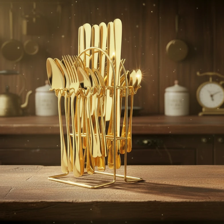 24-Piece Gold Cutlery Set with Stand Stainless Steel Kitchen & Dining Flatware Sets