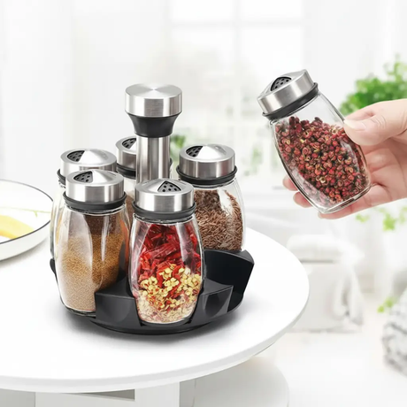 7pc Rotating Spice Jar Set 6 Glass Jars Stainless Steel Lids Lazy Susan Stand Kitchen & Dining Spice Organizers