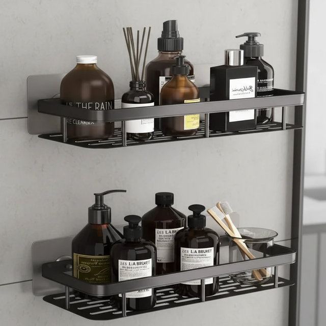 2-Piece Wall-Mounted Shower Caddy Shelf Set Black Adhesive No Drilling Home & Garden Wall-Mounted Caddies