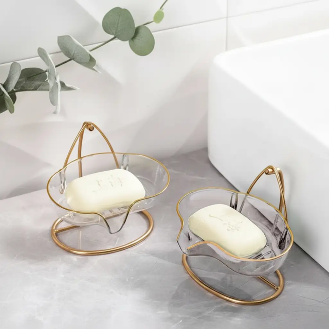 Soap Dish - Light Luxury Clear Acrylic Gold Iron Stand 13x11x11cm Home & Garden Soap Dishes & Holders