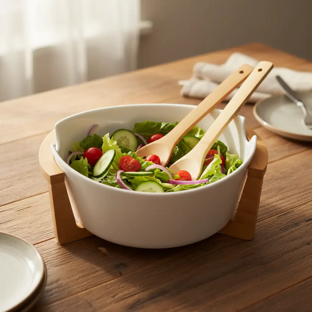 Ceramic Salad Bowl Set With Bamboo Stand And Serving Spoons White Kitchen & Dining Serving Bowls