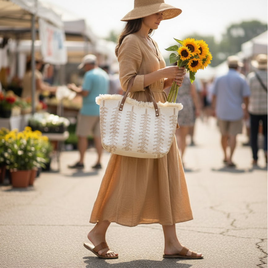 Summer Tassel Fringe Canvas Tote Bag Large Shoulder Bag Tan Leather Handles Cream Natural Bags & Accessories Beach Bags