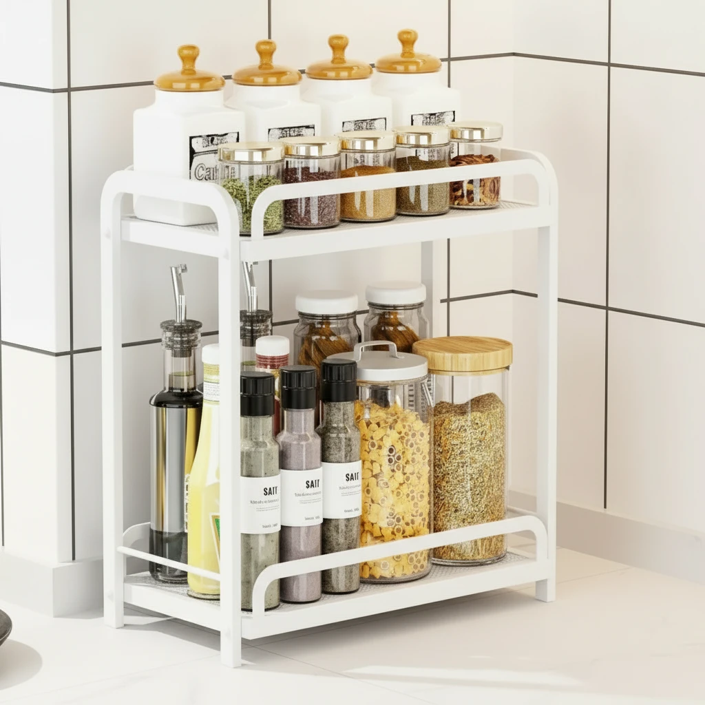 2-Tier Steel Mesh Kitchen Countertop Storage Rack U-Bar Rail Black White 40x25x35cm Kitchen & Dining Spice Organizers