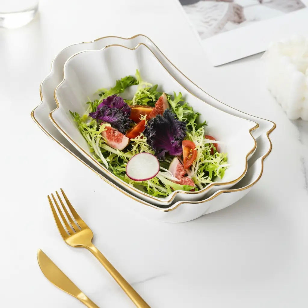 Ceramic Bowl - European Gold Rim Shell Shape Soup Pasta Salad Kitchen & Dining Uncategorized
