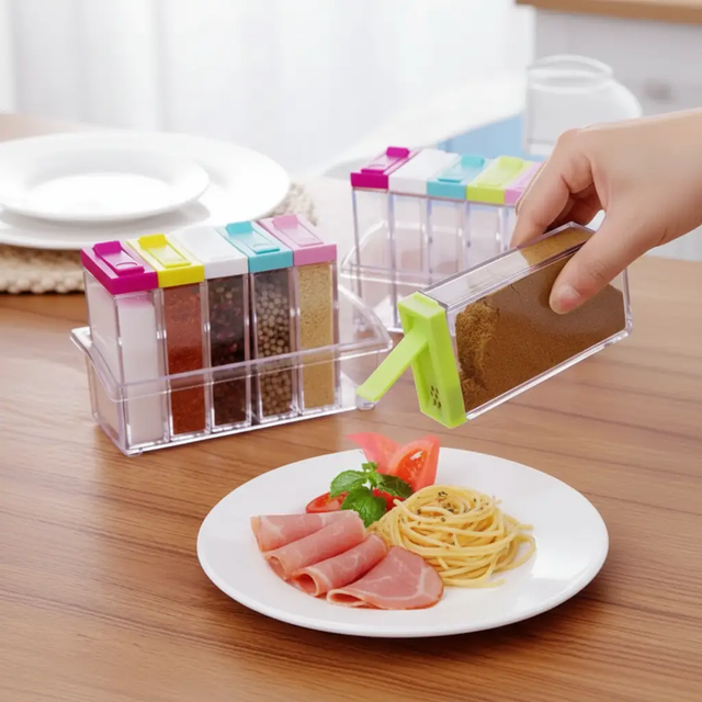 Spice Jar Set - 6pcs Transparent Square Condiment Containers with Tray Coloured Lids Kitchen & Dining Spice Organizers