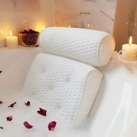 Bath Pillow - 2-Section 3D Mesh Neck and Back Support with 6 Anti-Slip Suction Cups White Personal Care Bath Pillows