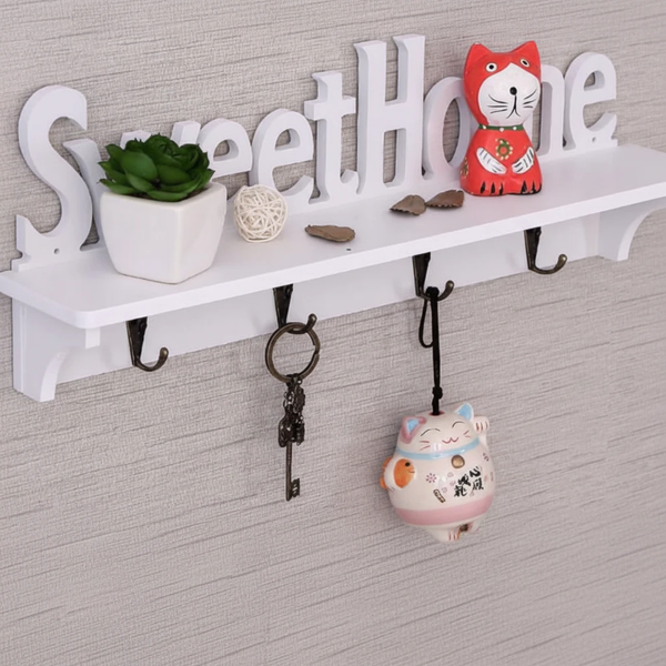 Sweet Home Wall Shelf Key Holder 4 Iron Hooks 47x15x7cm White Wood Home & Garden Rack Wall Shelves & Ledges