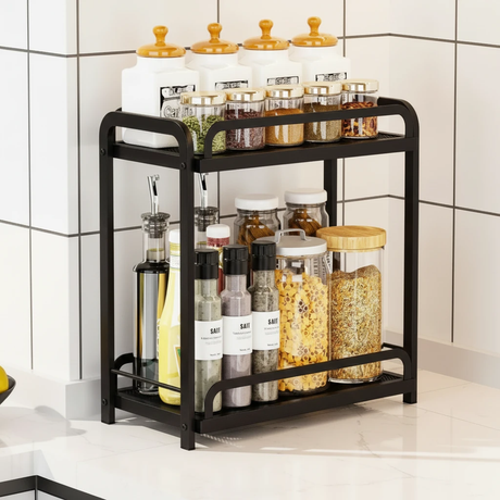 2-Tier Steel Mesh Kitchen Countertop Storage Rack U-Bar Rail Black White 40x25x35cm Kitchen & Dining Spice Organizers