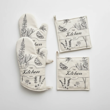 Kitchen Botanical Oven Mitt and Pot Holder 3-Piece Set Heat Resistant Black Cream Kitchen & Dining Oven Mitts & Pot Holders