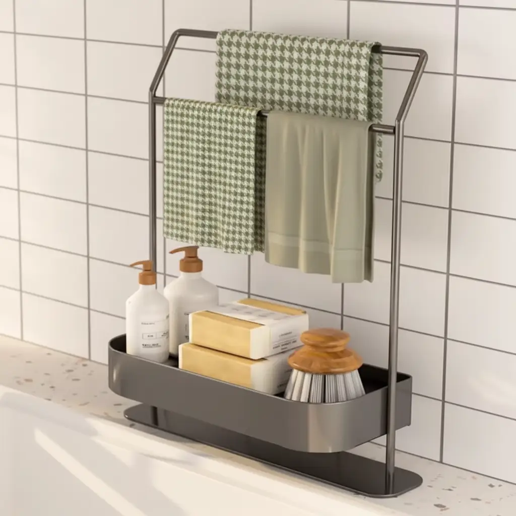 Sink Caddy - Carbon Steel with Double Towel Bars and Storage Tray White Grey Home & Garden Sink Caddies