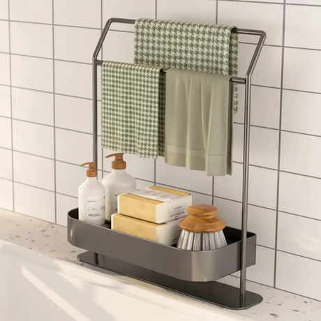 Sink Caddy - Carbon Steel with Double Towel Bars and Storage Tray White Grey Home & Garden Sink Caddies