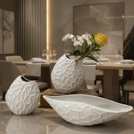 Sculptural Decor Set - White Abstract Textured Ceramic 3-Piece Vase Bowl Home & Garden Vases