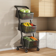 Vegetable Cart - 3-Tier Rolling Metal Basket Rack with Wheels 96x56x41cm Dark Grey Kitchen & Dining Household Storage Caddies