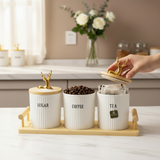 3-Piece Ceramic Canister Set Gold Deer Bamboo Lid Tray Sugar Coffee Tea White Kitchen & Dining Food Storage Containers