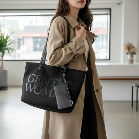 Gentlewoman 2-in-1 Canvas Tote Bag with Matching Mini Zip Pouch Bold Serif Print Black Khaki Bags & Accessories Tote Bags