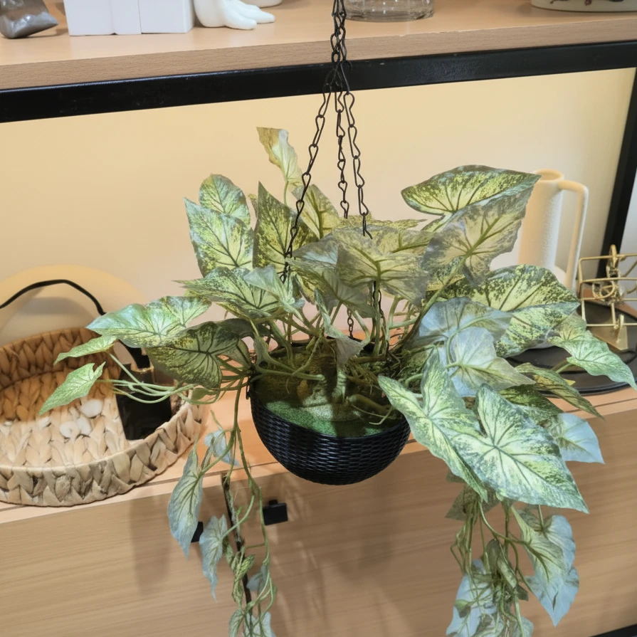 Artificial Hanging Plant Caladium Trailing Vines Black Wicker Pot Chain Hanger 70cm Home & Garden Artificial Non-Flowering Plants