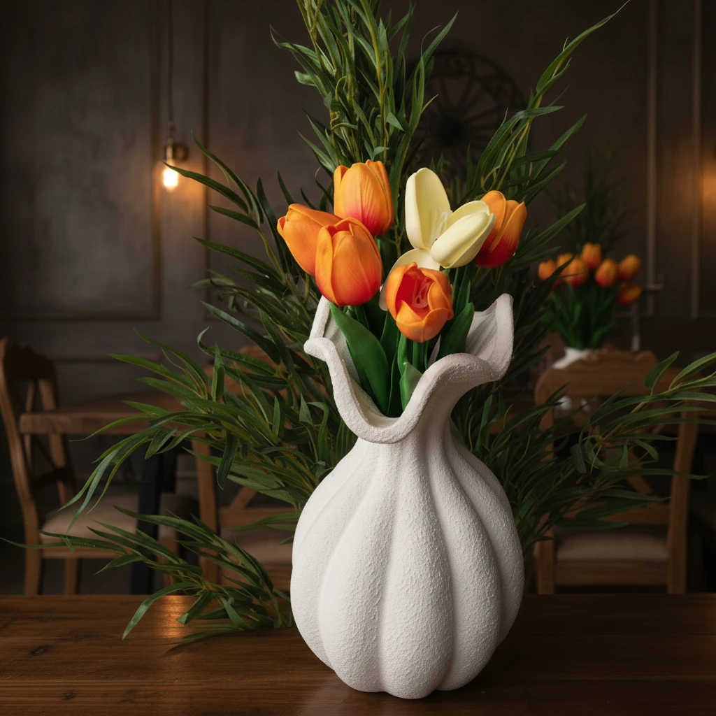 French High-End Retro Art White Petal Shaped Ceramic Vase Home & Garden Vases
