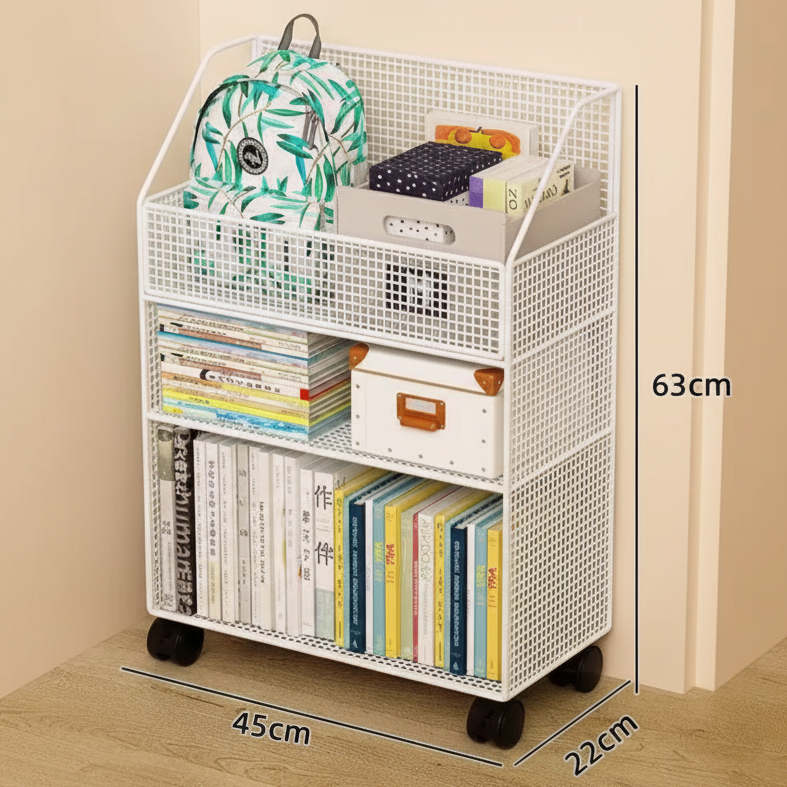 3-Tier Wire Mesh Rolling Bookshelf Top Basket Wheels Black White 45x22x63cm Office Furniture Rack Bookcases & Shelves