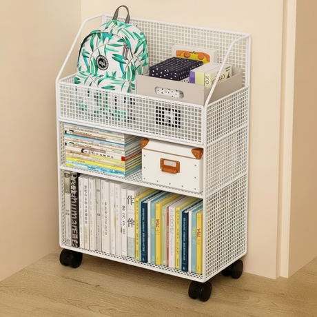 3-Tier Wire Mesh Rolling Bookshelf Top Basket Wheels Black White 45x22x63cm Office Furniture Rack Bookcases & Shelves