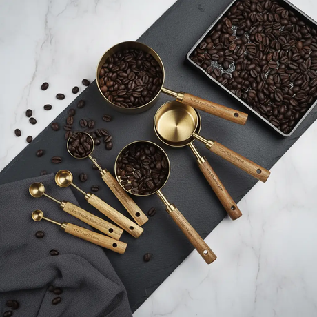 Measuring Cups and Spoons Set - 8pc Stainless Steel Engraved Fragrant Wood Handle Black Gold Kitchen & Dining Measuring Cups & Spoons