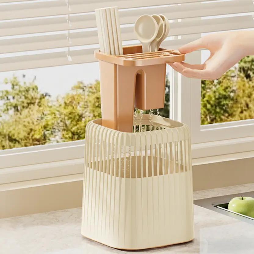 360° Rotating Cutlery Chopstick Holder Detachable Drain Insert 16.5x16.5x20cm White Cream Green Kitchen & Dining Kitchen Utensil Holders