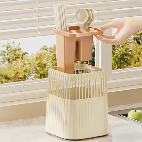 360° Rotating Cutlery Chopstick Holder Detachable Drain Insert 16.5x16.5x20cm White Cream Green Kitchen & Dining Kitchen Utensil Holders