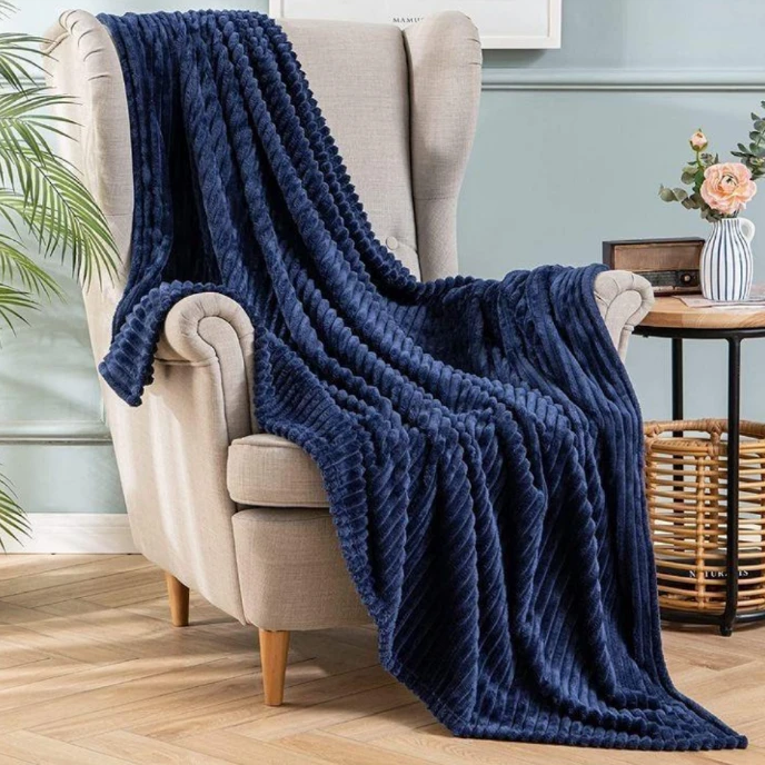 Warm Ribbed Fleece Throw Blanket 200x200cm Pom-Pom Fringe Camel Navy Cream Teal Bedding Home & Garden Blankets