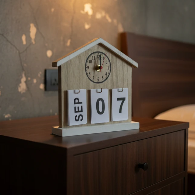Wooden House Desk Calendar with Clock and Flip Cards Home & Garden Desk Calendars