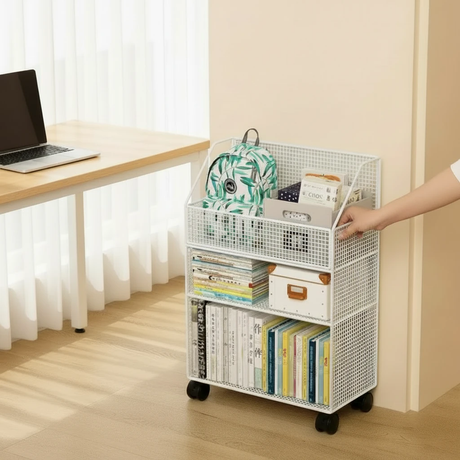 3-Tier Wire Mesh Rolling Bookshelf Top Basket Wheels Black White 45x22x63cm Office Furniture Rack Bookcases & Shelves