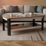 Coffee Table - Dark Wood Grain Effect Top 2-Tier with Black Steel Frame and Open Shelf Furniture Coffee Tables