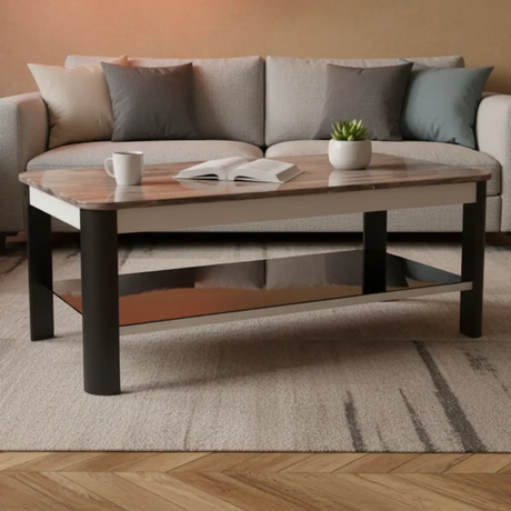 Coffee Table - Dark Wood Grain Effect Top 2-Tier with Black Steel Frame and Open Shelf Furniture Coffee Tables