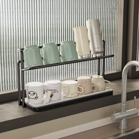 Kitchen Rack - 2-Tier Counter Cup and Mug Storage Organizer with Draining Tray 40cm Black Kitchen & Dining Cup Racks