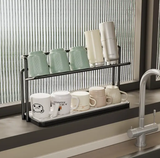 Kitchen Rack - 2-Tier Counter Cup and Mug Storage Organizer with Draining Tray 40cm Black Kitchen & Dining Cup Racks
