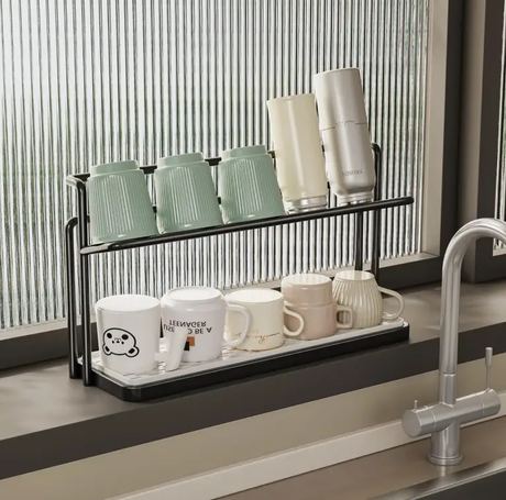 Kitchen Rack - 2-Tier Counter Cup and Mug Storage Organizer with Draining Tray 40cm Black Kitchen & Dining Cup Racks
