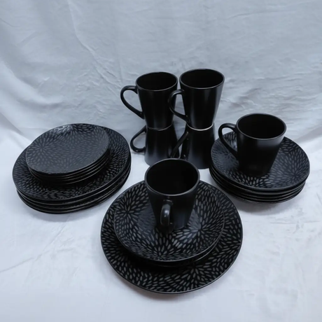 Dinner Set - 24pcs Black Embossed Floral Pattern Kitchen & Dining Dinnerware Sets