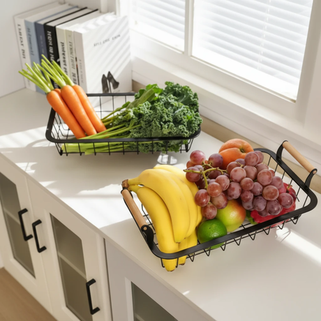 2-Tier Nordic Wire Fruit Basket Rack Wooden Handles Banana Holder Black 39x22x33cm Kitchen & Dining Kitchen Counter & Beverage Station Organizers