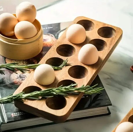 Egg Holder - 12-Slot Wooden Tray Nordic Kitchen and Fridge Storage Rack Natural Kitchen & Dining Food Container Covers