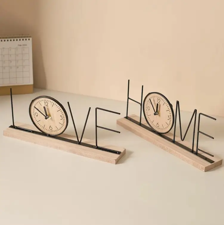 Desk Clock - Handmade Creative LOVE HOME Iron Wood Base 30cm Home Decor Desk Clocks