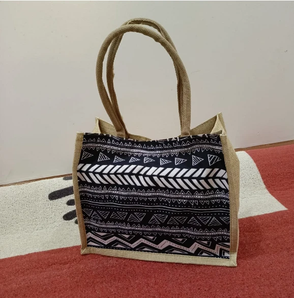 Geometric Print Pattern Tote Bag Jute Canvas Smart Casual 34x17x28cm Bags & Accessories Tote Bags