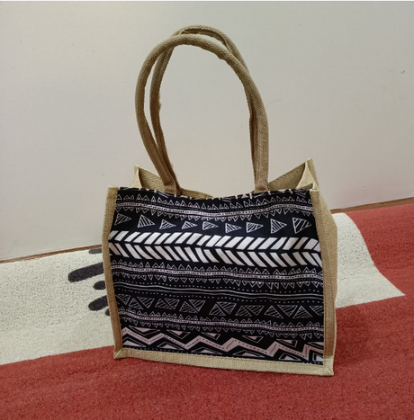 Geometric Print Pattern Tote Bag Jute Canvas Smart Casual 34x17x28cm