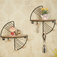 Set of 2 Nordic Half-Moon Floating Wall Shelves Wood Wire Frame 3 Peg Hooks Black Gold Home & Garden Floating Wall Shelves & Ledges