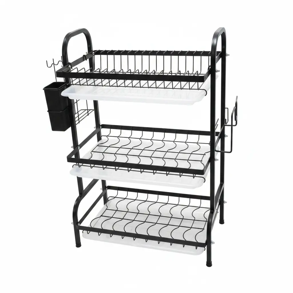 Dish Rack - Heavy Duty Executive 3-Tier Wire with Drip Trays and Cup Hooks Matte Black Kitchen & Dining Dish Racks