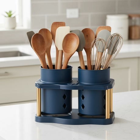 Double Cutlery and Chopstick Organizer with Drainage Holes Navy Blue 19x10x9.4cm Kitchen & Dining Flatware Trays