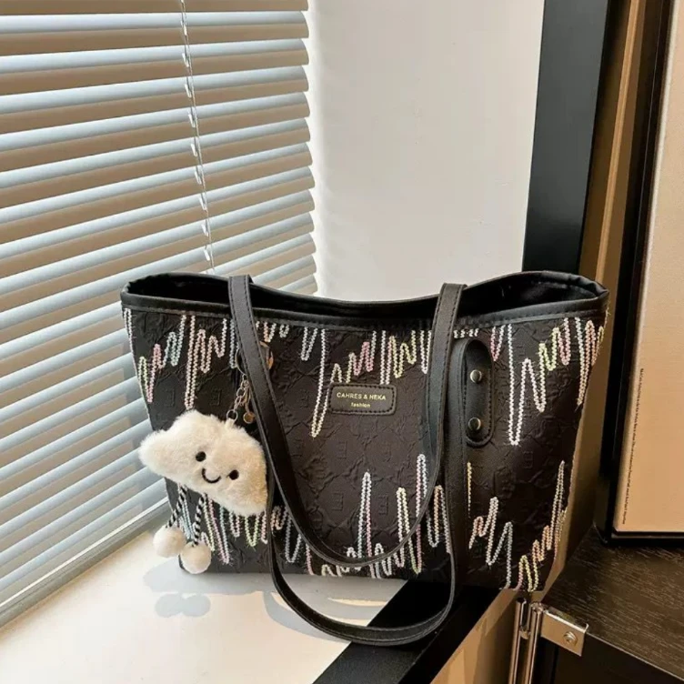 CAHRES & NEKA Holographic Wave Embroidery Monogram PU Tote Bag with Cloud Plush Charm Black Large Bags & Accessories Shopper Bags